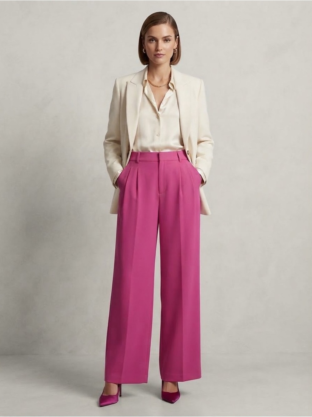 NWT Wide Leg High Rise Ann Taylor Womens Hot Pink Pleated Career Pants